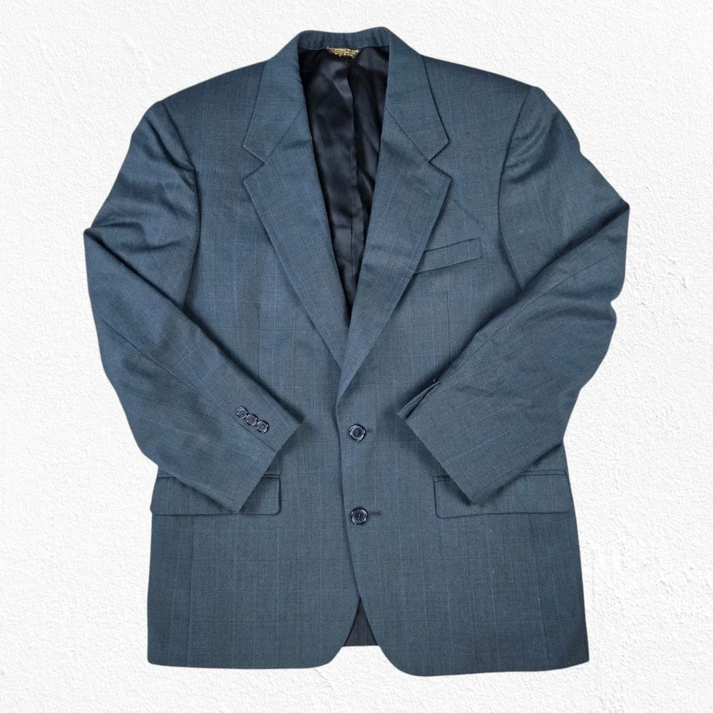 80s Vintage Navy Blue Pinstriped Luxury Nino Cerruti Wool Suit Jacket Size 50R